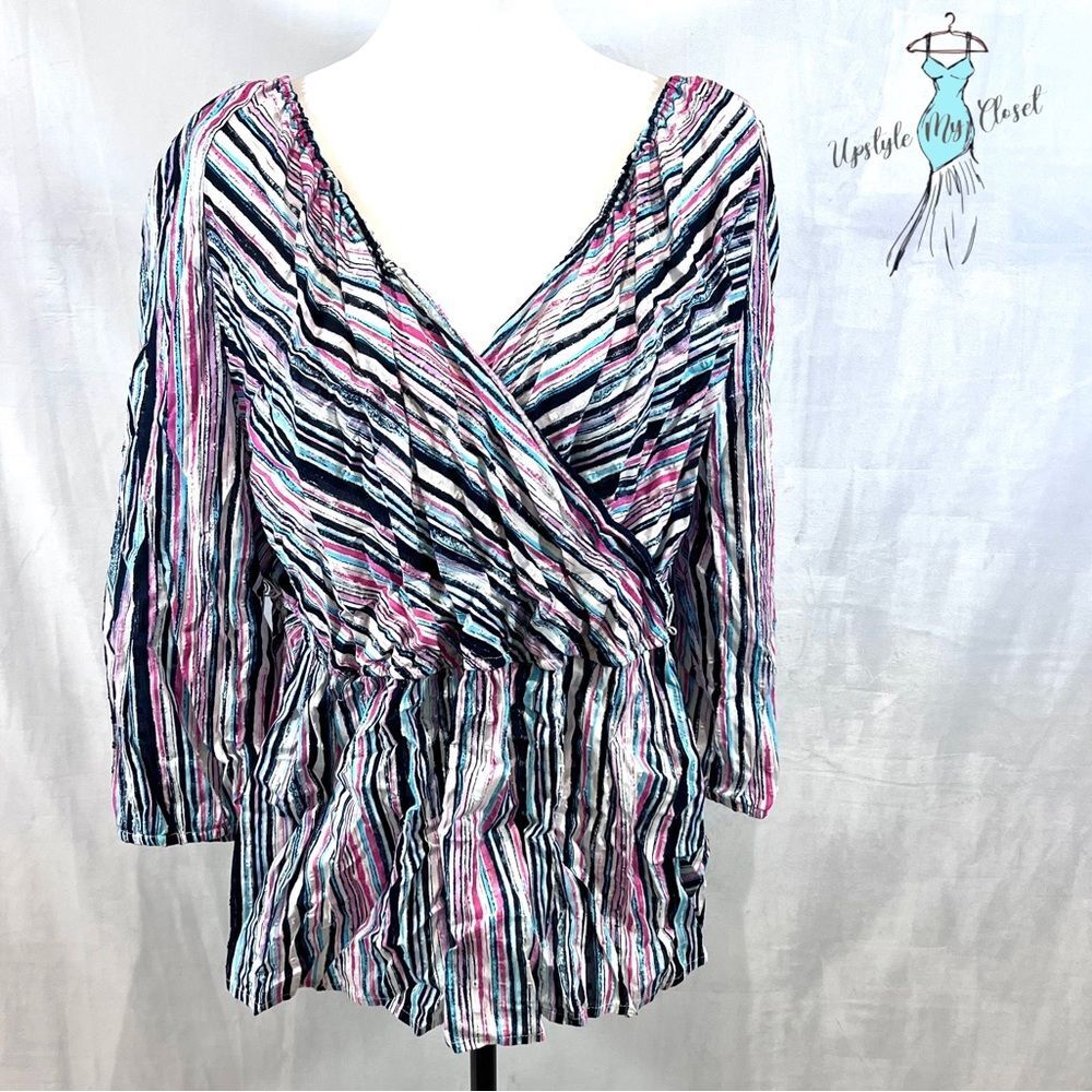 Lane Bryant long sleeve 100% cotton abstract print wrap peplum top size 22/24